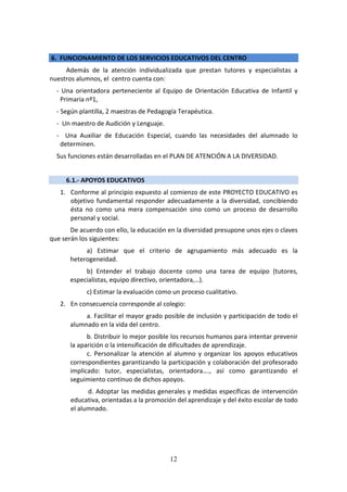 12
6. FUNCIONAMIENTO DE LOS SERVICIOS EDUCATIVOS DEL CENTRO
Además de la atención individualizada que prestan tutores y especialistas a
nuestros alumnos, el centro cuenta con:
- Una orientadora perteneciente al Equipo de Orientación Educativa de Infantil y
Primaria nº1,
- Según plantilla, 2 maestras de Pedagogía Terapéutica.
- Un maestro de Audición y Lenguaje.
- Una Auxiliar de Educación Especial, cuando las necesidades del alumnado lo
determinen.
Sus funciones están desarrolladas en el PLAN DE ATENCIÓN A LA DIVERSIDAD.
6.1.- APOYOS EDUCATIVOS
1. Conforme al principio expuesto al comienzo de este PROYECTO EDUCATIVO es
objetivo fundamental responder adecuadamente a la diversidad, concibiendo
ésta no como una mera compensación sino como un proceso de desarrollo
personal y social.
De acuerdo con ello, la educación en la diversidad presupone unos ejes o claves
que serán los siguientes:
a) Estimar que el criterio de agrupamiento más adecuado es la
heterogeneidad.
b) Entender el trabajo docente como una tarea de equipo (tutores,
especialistas, equipo directivo, orientadora,…).
c) Estimar la evaluación como un proceso cualitativo.
2. En consecuencia corresponde al colegio:
a. Facilitar el mayor grado posible de inclusión y participación de todo el
alumnado en la vida del centro.
b. Distribuir lo mejor posible los recursos humanos para intentar prevenir
la aparición o la intensificación de dificultades de aprendizaje.
c. Personalizar la atención al alumno y organizar los apoyos educativos
correspondientes garantizando la participación y colaboración del profesorado
implicado: tutor, especialistas, orientadora…., así como garantizando el
seguimiento continuo de dichos apoyos.
d. Adoptar las medidas generales y medidas específicas de intervención
educativa, orientadas a la promoción del aprendizaje y del éxito escolar de todo
el alumnado.
 