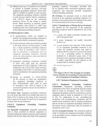 ARTICLE 2.50 - GROUNDING AND BONDING
(b) Multiple Raceways. If conductors are installed
in parallel in multiple raceways, wire-type
equipment grounding conductors, where used,
shall be installed in parallel in each raceway.
The equipment grounding conductor installed
in each raceway shall be sized in compliance
with 2.50.6.13 based on the overcurrent
protective device for the feeder or branch
circuit. Metal raceways or auxiliary gutters
in accordance with 2.50.6.9 or cable trays
complying with3.92.2.51(B) shall be permitted
as the equipment grounding conductor.
(2) Multiconductor Cables.
(a) If multiconductor cables are installed in
parallel, the equipmentgrounding conductor(s)
in each cable shall be connected in parallel.
(b) If multiconductor cables are installed in parallel
in the same raceway, auxiliary gutter. or cable
tray, a single equipment grounding conductor
that is sized in accordance with ::!.:0.6.13
shall be permitted in combination ith the
equipment grounding conductor- proYided
within the multiconductor cables and -ball all
be connected together.
(c) Equipment grounding conductors in talled
in cable trays shall meet the minimum
requirements of 3.92.2.1(B)(l)(c). Cable tray
complying with 3.92.2.51(B), metal raceways
in accordance with 2.50.6.9, or auxiliary gutters
shall be permitted as the equipment grounding
conductor.
(d) Except as provided in 2.50.6.13(F)(2)
(b) for raceway or cable tray installations.
the equipment grounding conductor in
each multiconductor cable shall be sized
in accordance with 2.50.6.13 based on the
overcurrent protective device for the feeder or
branch circuit.
(G) Feeder Taps. Equipment grounding conductors
run with feeder taps shall not be smaller than shown in
Table 2.50.6.13 based on the rating of the overcurrent
device ahead of the feeder but shall not be required to
be larger than the tap conductors.
2.50.6.15 Equipment Grounding Conductor
Continuity.
(A) Separable Connections. Separable connections
such as those provided in drawout equipment or
attachment plugs and mating connectors and receptacles
shall provide for first-make, last-break of the equipment
grounding conductor. First-make, last-break shall
not be required where interlocked equipment, plugs,
receptacles, and connectors preclude energization
without grounding continuity.
(B) Switches. No automatic cutout or switch shall
be placed in the equipment grounding conductor of a
premises ,viring system unless the opening of the cutout
or switch disconnects all sources of energy.
2.50.6.17 Identification of Wiring Device Terminals.
The terminal for the connection of the equipment
grounding conductor shall be identified by one of the
following:
(1) A green, not readily removable terminal screw
with a hexagonal head.
(2) A green, hexagonal, not readily removable
terminal nut.
(3) A green pressure wire connector. If the terminal
for the equipment grow1ding conductor is not
Yi ible. the conductor entrance hole shall be
marked with the word green or ground, the letters
G or GR. a grounding symbol, or otherwise
identified by a distinctive green color. If the
terminal for the equipment grounding conductor
is readily removable, the area adjacent to the
terminal shall be similarly marked.
FP;-;: See FP.'s! Figure 2.50.6.17.
FP:" Figure 2.50.6.17 One Example of a Symbol
used to Identify the Grounding Termination Point
for an Equipment Grounding Conductor.
2.50.7 Methods of Equipment Grounding
2.50.7.1 Equipment Grounding Conductor
Connections. Equipment grounding conductor
connections at the source of separately derived systems
shall be made in accordance with 2.50.2.ll(A)(l).
Equipment grounding conductor connections at service
equipment shall be made as indicated in 2.50.7.l(A)
or (B). For replacement of non- grounding-type
receptacles with grounding-type receptacles and for
branch-circuit extensions only in existing installations
that do not have an equipment grounding conductor in
the branch circuit, connections shall be permitted as
indicated in 2.50.7.l(C).
(A) For Grounded Systems. The connection shall be
made by bonding the equipment grounding conductor
to the grounded service conductor and the gr0tmding
electrode conductor.
125
 