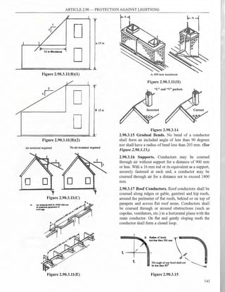ARTICLE 2.90 - PROTECTION AGAINST LIGHTNING
D > 15m
D
Figure 2.90.3.ll(B)(l)
11/
D � 15 m
D
Figure 2.90.3.ll(B)(2)
Airterm.inal required No airterminal required
D
Figure 2.90.3.ll(C)
I,.; >it 11:mil,&il sllallbo willlul 600 IIUII
ol QllmJ!lool projO<:Clon of
=-.
Figure 2.90.3.ll(E)
A: 600 mm maximum
Figure 2.90.3.ll(H)
"U" and "V" pockets
Figure 2.90.3.14
2.90.3.15 Gradual Bends. No bend of a conductor
shall form an included angle of less than 90 degrees
nor shall have a radius of bend less than 203 mm. (See
Figure 2.90.3.15.)
2.90.3.16 Supports. Conductors may be coursed
through air without support for a distance of 900 mm
or less. With a 16 mm rod or its equivalent as a support,
securely fastened at each end, a conductor may be
coursed through air for a distance not to exceed 1800
mm.
2.90.3.17 Roof Conductors. Roof conductors shall be
coursed along ridges or gable, gambrel and hip roofs,
around the perimeter of flat roofs, behind or on top of
parapets and across flat roof areas. Conductors shall
be coursed through or around obstructions (such as
cupolas, ventilators, etc.) in a horizontal plane with the
main conductor. On fl.at and gently sloping roofs the
conductor shall form a closed loop.
t--P
t
not le.&a than 203 mm.
Radiua of bend: 
�­
'
Theangle or any bend shall no� I
be less than 90°
'
�
Figure 2.90.3.15
143
2
R
 