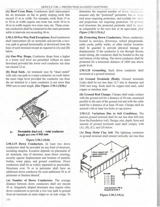 ARTICLE 2.90 - PROTECTION AGAINST LIGHTNING
(A) Roof Cross Runs. Conductors shall interconnect
the air terminals on flat or gently sloping roofs that
exceed 15 m in width. For example, roofs from 15 m
to 30 m in width require one cross run; roofs 30 m to
46 m in width require two cross runs, etc. These cross­
run conductors shall be connected to the main perimeter
cable at intervals not exceeding 46 m.
2.90.3.18 Two-Way Path Exceptions. Roof conductors
shall interconnect all air terminals and provide a two­
way path to ground horizontally or downward from the
base of each terminal except as required in (A) and (B)
below.
(A) One-Way Drops. Conductor drops from a higher
to a lower roof level are permitted without an extra
downlead provided the lower roof conductor run does
not exceed 12 m.
(B) Dead Ends. Air tenninals may be "dead ended"
with only one path to a main conductor on roofs below
the main ridge level provided the conductor run from
the air te1minal to a main conductor is not more than
4900 mm in total length. /See Figure 2.90.3.18(B).J
A: Permissible dead end - total conductor
length not over 4 900 mm
Figure 2.90.3.18(B)
2.90.3.19 Down Conductors. At least two down
conductors shall be provided on any kind of structu
re,
including steeples. Location depends on placement of
air terminals, size of structure, most direct coursing,
security against displacement and location of metallic
bodies, water pipes, and ground conditions. Down
conductors shall be as widely separated as practicable.
Structures over 76 m in perimeter shall have an
additional down conductor for each additional 30 m of
perimeter or fraction thereof.
(A) Number of Down Conductors. The average
distance between down conductors shall not exceed
30 m. Irregularly shaped structures may require extra
down conductors to provide a two-way path to ground
from air terminals on main ridges or on side wings. To
144
detennine the required number of dO,·n co:1c:::::::-,,_
measure only the "protected" perimeter: that is. :::.:,,:-=
roof areas requiring protection, and exclude low :-003
and projections not requiring protection. On pi:c�e.:.
roof structures the protected perimeter shall be t�e=
as comparable to the eave line or its equivalent. /See
Figure 2.90.3.19(A).J
(B) Protecting Down Conductors. Down conductors
located in runways, driveways, school playgrounds.
cattle yards, public walks, or other similar locations
shall be guarded to prevent physical damage or
displacement. If the conductor is run through ferrous
metal tubing, the conductor shall be bonded to the top
and bottom of the tubing. The down conductor shall be
protected for a minimum distance of 1800 mm above
grade level.
2.90.3.20 Grounding. Each down conductor shall
terminate at a ground terminal.
(A) Ground Terminals (Rods). Ground terminals
(rods) shall be not less than 12.7 mm in diameter and
2400 mm long. Rods shall be copper-clad steel, solid
copper or stainless steel.
(B) Ground Rod Clamps. Clamps shall make contact
with the ground rod for a distance of 38 mm, measured
parallel to the axis of the ground rod and with the cable
itself for a distance of at least 38 mm. Clamps shall be
secured with at least two bolts or cap screws.
2.90.3.21 Variations Due to Soil Conditions. The
nearest ground terminal shall be not less than 600 mm
from the foundation wall. Design, size, depth, form and
amount of ground terminals used shall comply with
(A), (B), (C), and (D) below.
(A) Deep Moist Clay Soil. The lightning conductor
or ground terminal shall extend vertically not less than
Spacingt:
l-l-40m
2-3-26m
3-4-l6m
4-S-l6m
S-l-26m
Total petimetet: 144 m
Rcquiled grounda: S
Figure 2.90.3.19(A)
4
•
 