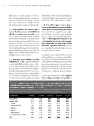40 I
considerados nesses cálculos os efeitos
daschamadaspedaladasfiscais(despesas
pagas por intermédio de bancos e fundos
públicos) e os subsídios do BNDES que
nãotransitampeloorçamento(Quadro4).
2) O principal fator por trás do cresci-
mento das despesas na esfera federal
não são os gastos com pessoal, como
muitos leigos acreditam. Estes crescem
sistematicamente abaixo do PIB e tiveram
suamenortaxarealdeexpansãojustamente
no governo Dilma I (-0,3%), ao contrário
do que ocorre, por exemplo, nos estados
e municípios, onde o gasto com salários e
aposentadoriasdeservidorestemcrescido
a5,5%aoano,independentementedacolo-
ração partidária do governante.
3) O motor do gasto federal tem sido
os benefícios sociais (aposentadorias e
pensõesdoINSS,benefíciosaidososedefi-
cientes,seguro-desemprego,bolsafamília,
etc),quehojeconsomemmetadedogasto
daUnião(maisdeR$500bilhões)ecrescem
a taxas sistematicamente superiores ao
PIBpelomenosdesde1999,porinfluência
principaldefatoresdemográficos,dajusta
formalização e dos direitos consagrados
na Constituição e, adicionalmente, pela
política de valorização do salário mínimo.
4) A despeito de gastos elevados, o
governo conseguiu manter resultados
fiscaispositivosnaúltimadécadaemeia
pelo aumento da carga tributária (1999-
2005)oupelocrescimentomaisacelerado
doPIB(2006-2011).Contudo,desde2012,
com a combinação de baixas taxas de
crescimento econômico e desonera-
ções tributárias, os resultados fiscais
pioraram significativamente, mesmo
queataxadeexpansãodasdespesastenha
inclusive caído um pouco.
Isso significa que o gasto não foi elevado
substancialmente nos últimos anos? Não,
nãosignifica.Contudo,asevidênciasapon-
tadas servem para relativizar a impressão
quesedisseminou,mesmoentreosespecia-
listasemfinançaspúblicas,dequeoúltimo
governo teria sido particularmente irres-
ponsávelcomaexpansãodogastopúblico.
Como argumentaremos adiante, a piora
fiscal não passa tanto por quanto o
Quadro 4: TAXAS REAL DE CRESCIMENTO DAS RECEITAS E DESPESAS
PRIMÁRIAS DO GOVERNO CENTRAL, POR PERÍODO DE GOVERNO, CONVER-
TIDAS PELO DEFLATOR IMPLÍCITO DO PIB.
Elaboração própria. Nota: As despesas de 2015 com a quitação dos passivos junto a bancos e fundos
públicos contraídos foram distribuídas de acordo com seu período de competência.
3. GASTO PÚBLICO E O PERIGOSO CAMINHO DA AUSTERIDADE
 