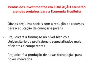 Perdas dos investimentos em EDUCAÇÃO causarão
grandes prejuízos para a Economia Brasileira
- Óbvios prejuízos sociais com a redução de recursos
para a educação de crianças e jovens
- Prejudicará a formação no nível Técnico e
Universitário de profissionais especializados mais
eficientes e competentes
- Prejudicará a produção de novas tecnologias para
novos mercados
 