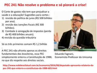PEC 241 Não resolve o problema e só piorará a crise!
Eduardo Fagnani,
Economista Professor da Unicamp
O Corte de gastos não tem que prejudicar a
saúde e a educação! Sugestões para cortes :
1) revisão da política de juros (R$ 500 bilhões
por ano).
2) revisão das isenções fiscais (R$ 300
bilhões).
3) Combate à sonegação de impostos (perda
de R$ 400 bilhões anuais).
4) revisão da questão tributária
Só os três primeiros somam R$ 1,2 bilhão
.
A PEC 241 não afronta apenas os direitos
fundamentais dos brasileiros, essa PEC
simplesmente enterra a Constituição de 1988,
no que diz respeito aos direitos sociais.
http://www.redebrasilatual.com.br/economia/2016/08/deputado-apresenta-relatorio-da-
pec-241-que-enterra-a-constituicao-de-1988-603.html
 