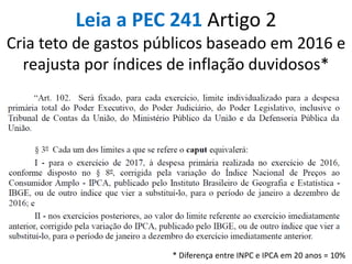 Leia a PEC 241 Artigo 2
Cria teto de gastos públicos baseado em 2016 e
reajusta por índices de inflação duvidosos*
* Diferença entre INPC e IPCA em 20 anos = 10%
 