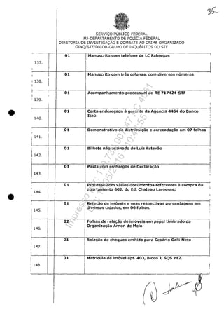 •
•
137.
I 138.
!
. 139.
SERVlt;O PUBLICO FEDERAL
MJ-DEPARTAMENTO DE POLiCIA FEDERAL
DIRETORIA DE INVESTIGACAO E COMBATE AO CRIME ORGANlZADO
GINQlSTF/DICOR--GRUPO DE INQUERlTOS DO STF
01 I Manuscrito com telefone de LC Fabregas
01 IManuscrito com tres colunas, corn diversos numeros
I
01 1 Acompanhamento processual do RE 711424-STF
~----~~--~~----~~~----~--~~~----~~~--~~~~~-=------~
01 Carta enderet;ada il gerente da Agencia 4454 do Banco
140.
Itau
01 Demonstrativa de distribuit;âo e arrecadat;ao em 07 folhas
, 141.
01
I
I 142.
~----~~--~~------r=B~iI7h-e~te--n~a~o-a-s-S~i-n-a~d-o-d7e~L-u7iZ-E=s-t~e-v~a~o----------------~
01
143.
01
,
I144.
I
: 01
1 145.
J,
02I
146.
!
~ , 01
I
I
I147.
I
I
1
I 01
I 148.
I
I
I
IPasta com embargos de Declaradlo
I -
I
apartamento 602, do Ed. Chateau Larousse;
diversas cidades, em 06 folhas.
IRelat;ao de imaveis e suas respectivas porcentagens em
I
Folhas de relat;ao de imaveis em papel timbrado da
Organizac;;ao Arnon de Melo
I
! Relat;âo de cheques emitida para Cesario Galli Neto
I
I
Matricula de imavel apt. 403, Bloco J, SQS 212.
I ,-,-
I
I
,
I
!
,
,
I,
I
I
I
I,
,
Impressopor:110.735.907-47AC4051
Em:11/05/2016-10:43:55
 