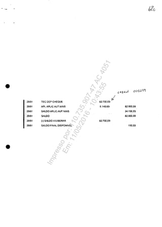 •
•
.,
29/01
29,101
29/01
29101
29101
29101
TEC DEP CHEQUE
APl APUC AUT MIIIS
SAlOO APUC AUT rY.AIS
SALOO
(o) SALDO A lIBERAR
SALOO FINAL DISPONIVEL
82.750.00
6.140.00·
82.750,00
~o.
000?'-'1 I
82.900,00
34.156,55
82.900,00
150,00
Impressopor:110.735.907-47AC4051
Em:11/05/2016-10:43:55
 