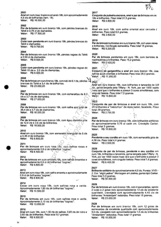 •
•
34
2001
Ane/ em ouro rosa, brancoe amare/o 18k, corn aproximadamente
4,5 cls de bri/hantes (tam, 18),
Va/or: R$ 16.000,00
2002
Par de brincos em ouro branco 18k, corn perolas brancas do
Tahiti e 0,78 ct de diamantes.
Va/ar: R$ 17.500,00
2003
Co/ar corn pendente em ouro branco i 8k, pero/as brancas do
Tahiti e diamantes.
Va/or: R$ 9.700,00
2004
Par de brincos em ouro branco 18k, perolas negras do Tahiti
e 0,59 ct de diamantes.
Vator: R$ 8.500,00
2005
2017
Conjunto de pu/selra escrava, aneI e par de brlncos em 00
18k e brilhantes. Peso total 31,5 gramas,
Va/ar: R$ 6.800,00
2018
Anei em ouro 18k, corn safira oriental azul cercada t
brilhantes. Peso total 6,6 gramas.
Va/ar: R$ 3.800,00
2019
Parde brincos borlloletas em ouro branco 18k, corn asas """'"
e brilhantes, COnfec<;ăo esmeralda. Peso total 15 gramas,
Valor: R$ 9.200,00
2020
Par de brincos pendentes em ouro 18k, corn barretes ci!
madreperola e brilhanles, Peso 15,2 gramas.
Va/or: R$ 6.400,00
Co/ar corn pendente em ouro branco 18k, pero/as negras do 2021
Tahm 15 cts e 2,0 cls de diamantes. . Conjunto de gargantiiha e anei em ouro branco 18k, 00Ui
Va/or: R$ 6,500,00 safiras azuis orientais e brilhantes peso total 28,5 gramas.
2006 ' ,,'valor: R$ 11,300,00
Par de brincos e~ouro branco l.Bk, corn rubi de 6,1 cls, perolas ~ 2022
brancas do Tahiti e 3,4 cts de bnlhantes. An:'1 em ouro branco 18k corn brilhantes e lanzanrra de 5 O
Va/or: R$ 23.000,00 ,cti, gema lanyada pela nirany - N. York, por ser 1000 vez~
2007
Par de brincos em ouro branco 18k, corn esmeraldas de 6,3
Cls e 3,7 cts de diamantes,
Va/ar: R$ 27.000,00
2008
Par de brincos em ouro branco 18k, com safira azul gata de
38,4 cts e 3,7 cts de diamantes.
Valor: R$ 16.000,00
2009
Par de brincos em ouro branco 18k, com ăgua-marinha gola
de 12,4 cts e 3,6 cts de brilhantes.
Va/ar: R$ 18.500,00
2010
Anei em ouro branco 18k, com esmeralda retangu/ar de 5 cts
e 0,36 ci de brilhantes.
Va/ar: R$ 6.800,00
2011
Par de brincos em CUro rasa 18k, corn safiras rosas e
aproximadamente 0,8 ci de tiri/hanles "cognac".
Va/ar: R$ 6.500,00 '.,
2012 ~,." ~'"
Par de brincos em curo amarelo18k, corn safiras 'amarelas e
aproximadamente 0,9 ct de bri/hantes "cognac".
Va/or: R$ 6.800,00
2013
Anei em curo resa 18k, corn safira amarela e aproximadamente
0,9 ct de brtlhantes "cognac".
Va/or: R$ 6.800,00
2014
Colar em curo rosa 18k, corn safiras rosa e verde.
Aproximadamente 1,60 cts de brtlhanles ·cognac".
Valor: R$ 10.500,00
2015
Par de brincos am auro 18k, corn safiras rasa e verde.
Aproximadamente 2,15 cts de brtlhantes ·cognac".
Valor: R$ 13.000,00
2016
AneI em ouro 18k, com 1,30 cts de safiras, 0,65 cts de rubis e
2,60 cts de brilhantes. Peso total 9,7 gramas.
Valor: R$ 9.000,00
mais rara que o brilhantes e possuir 3 cores simultâneas, corn
singular beleza. Peso total 7,5 gramas.
Va/or: R$ 13.800,00
2023
Conjunto de par de brincos e anei em ouro 18k, com
20 brilhantes e ·cabochon" de Iăpis-lazuli, facetado. Peso
total 29 gramas. "
Valor: R$ 2.750,00,
~ ~
2024 ' .
Par de brincos em ouro branco 18k, com brilhantes solihirios
de aproximadamente 0,75 cI cada um. Cravaţăo Cartier.
Peso total 3 gramas.
Valor: R$ 10.800,00
2025
.-
Pendente eseu cordăo em ouro 18k, com esmeralda gota de
4,08 cts. Peso total 4,4 gramas.
Valor: R$ 2.500,00
2026
Conjunto de par de brincos, pendente eseu cordăo em
ouro 18k, brilhanles e tanzanita, gema lanyada pela nffany - N.
York, por ser 1000 vezes mais rara que o brilhante e possuir 3
cores simultllneas, com singular beleza. Peso total 7,4 gramas.
Valor: R$ 6.400,00
2027
Brilhante solitario de aproximadamente 4,0 cls. Pureza: WSI-
2. Cor: "slight yellow". Montagem em platina, garras tipa Cartier.
Peso tolal S,O gramas.
Valor: R$ 50.000,00
2028
Par de brlncos em ouro branco 18k, cam 4 esmeraldas, sendo
2 ovais e 2 gotas com aproximadamente 13 cts de excelente
qualidade, cravejada com aproximadamente 4,40 cls de
brilhantes "Amsterdam" redondos. Peso lotal15 gramas.
Valor: R$ 23.000,00
2029
Par de brlncos em ouro branco 18k, cam 12 gotas de
esmeraldas de excelente qualidade com aproximadamenle
5,0 cls, cravejado com aproximadamente 1,5 cts de brilhanles
"Amsterdam" redondos. Peso total 17 gramas.
Valor: R$ 10.500,00
Impressopor:110.735.907-47AC4051
Em:11/05/2016-10:43:55
 