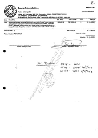 Dagmar Saboya Leiloes
Recibo do Comprador
Leililo: oon Cartelas: 1481074 Comprador: 004848 - ROBERTO MITSUUCHI
(11) 3812-2363 (11) 3819.4080 (11) 99037978
RUA CARDEAL ARCOVERDE, 1844/ PINHEIROS - SAo PAULO - SP CEP: 05408.Q02
Late OescriUva DIa. Nota ValorVenda
1649 SecretMa francesa de epoca NapoleAo III, em e51110 "80ulla", decorada com 1910512013 R$ 12.000,00
aplica~ em taTtaruga e metal amarela. recortadas corn volutas, elementos
florais e reservas. Omamentacao com frisos. flor6es e cabecas de cabras em
bronze normolu". Tampo lisa em couro vennelho corn recorte saliente il trente e
Total de Lotes: 1 R$ 12.000,00
Pliglna: 1 da 1
EmlssAo:1910512013
Taxa a Pagar
o R$12.000,OO
R$12.oo0,OO
Total a Receber:R$ 12.000,00 Saldo em Conta:
Retirei as Pe=Bs Acima
•
,
. ,
•
O/S'Io/
lJ/fIt'tZ
(f)/J '1v;- -
IjOOO
yooO
Y(()Oo
Llquldo: R$12.000,OO
7/t/lof?
2(:;/10 ('3
Impressopor:110.735.907-47AC4051
Em:11/05/2016-10:43:55
 