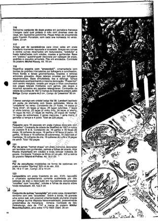 •
•
44
116
Bellssimo conjunto de doze pratos am porcelana francesa
Limoges cada qual pinlado il măo com diversas aves de
ca~, em riquisslma policromia. Pa~s feitas de encomenda
para Franklin Porcelain, com cada ave nomeada no verso.
Diâm.23 cm
117
AnUgo par de candelabros para clnco velas am prata
brasileira ricamente repuxada e cinzelada_ Brayos am curvas
e contra curvas recamados em teXlurizados, "bob8che" e
haste trabalhadas com volutas, roselas e gulrlandas. Base
em "plateau" quadrangular decorada por cabe~s de anjos,
godrties a eseu.dos armoriais. Pes em enrolados. Contraste
do prateiro Mlchel Koury. Alt. 76 cm
118 .
Magnifica sopolra com "presentolr", ornamenlada com
bordas de godrlles intercaladas por folhagens e concheados,
frisos florais e faixas' geometrizadas, brasOes e timbres
armoriais gravados. Al~s laterais omadas por folhagens
esparramadas. Base almofadada, lisa e oblonga. Tampa
abobadada acompanhando a masma decora911o. "Presantoir"
com centro real~do, ornado por largos e finos concheados
sob pegas laterais moldadas com galhos, pes largos e
recurves apoiados em sapatas relangulares. Contrastes da
cidade de Londres de 1827 e marcas do importante prataim John
Brldge. Compr. sopelra 44,5 crn ; Compr. do "presantoi!" 56 cm
119
Extenso servi~o om cristal belga Val St. Lambert lapidado
em ponta de diamante com bases estreladas. Marca da
"cristallerie" no verse. Constando de: 21 fiutes, 14 copos pl
"Iong drink", 25 Ia~s pl âgua, 26 ta~s coloridas, 7 ta~s
pl vinho branco, 25 ta~s pI vinho tlnto. 24 ta~s pl sherry,
14 ta~s de licor. 21 ta~s de martiny. 20 copos de "vodka".
14 ta~s de sobremesa. 2 jarras menores, 1 jarra maior, 2
garrafas ci tampa e 4 potes. Total de 220 pe~s.
120 ,
Faqueiro para 16 pessoas em prata inglesa decorada com
"coquilies". Contraste da cidade de Sheffield de 1987 e marca
do prateim R & B. Constando de: 16 garfos e 16 facas de
mesa, 16 colheres de sopa, 16 garfos e 16 facas pl peixe. 16
garfos, 16 facas e 16 colheres de sobremesa, 16 espâtulas pl
manteiga, 16 colheres de chă, 16 colheres da cafe e 16 pe~s
de servir. Total 192 pe,as
121
Par de jarras "helmet shape" em prata,francesa decoradas
em lavrados com guirlandas, palmas e folhas de acanto. AI~
lrisada implantada em volutas e base.·circular rodeada, de
goivos. Contraste "Cabe~ de Minervadosec. XIX e marca
do prateiro Tetard et Fn'res. Ait. 26,5 Om '
1~ ~
Par de esculturas modeladas na forma de codomas em "
prala europeia "Steriing" 925 mi do sec. XIX.
Alt. 18 e 11 cm; Compr. 20 e 14 cm
123
Lampadârio em prata brasileira do sec.. XVIII, repuxa-a~
e cinzelada apresentando corrente sustentada por trâs
cabe~s de anjo e decora911o em riquissimas composi~s
"rocailles" com ·coqullles", volutas e folhas de acanto sobre
fundo texturizado. Alt. 122,5 cm
124
Conjuntode quinu "sousplats" em prata russa.Apresentam
contomo com seis "accolades". Sobre· a borda, ha gravada
uma coroa real, sob posslvel omamenta911o plumăria cingida
por cab~ taurina disposta transversalmente, possivelmente
emblemătica da monarquia romana. Contraste de Săo
Petersburgo. data de 1747 e marca do prateim Niklfor
Moschtschalkin, ativo entre 1772-1800. Diâm. 26 cm
Impressopor:110.735.907-47AC4051
Em:11/05/2016-10:43:55
 