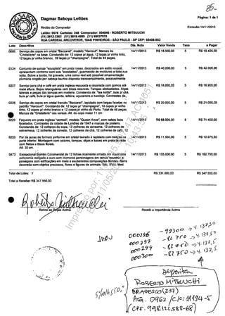 Dagmar Saboya Leiloes Păgina; 1 de 1
Recibo do Comprador Emlssao:I411112013
LeUao; 0078 C8rtelas; 248 Comprador: 004846 - ROBERTO MITSUUCHI
(11) 3812-2363 (11) 3819.4080 (11) 99037978
RUA CARDEALARCOVERDE,l844/ PINHEIROS - sAO PAULO - SP CEP; 05408-002
Lme Descrttlva DIa. Nola ValorVenda
0095 Serv*> de copos em cristal "Baccarar, modelo "Harcour. Marcas da 14/1112013 R$ 18.500,00
"Cristallerie" na base. Constando de: 12 copos pI flgua, 12 tal'8s pI vinho tinto,
12 lal'SS pI vinho branco, 08 lal'8S pl "ehampagne". Total de 44 pe<;3s.
0124 COnjunto de quinze "sousplats" em prata russa, decorados em estilo rocoC6.
apresentam contomo corn seis "accolades". gusrnecido de molduras a toda sua
voita. Sobre a barda, hă gravada, uma coraa real sob possfvel omamentayâo
plumăria cingida por cabe~ taurina disposta transversalmente, possivelmente
0227 Servi~ para ehă e cafe em prata ingiesa repuxada e cinzelada corn gamos ale
maia altum. Bojos retangulares corn bicos recurvos. Tampas abobadadas. Alţas
laterais e pegas das tampas em madeira. Constando de: "tea kettre", bule pl châ,
bule pl eate, bule p/agua quente, lelteira, 8QUcareiro e bandeja. Contrastes ~a...
-.
0228 Serv*> de copos em crislal francâs "Baccarar', lapidado com largas !acetas no
padrlio "Hancourt". Constando de: 12 lal'8S pl "ehampagne", 12 copos pI vinho
tinto, 12 copos pl vinho branco e 12 copos p/ vinho do Parto. Tolal de 48 pe<;3s.
• Marcas da ·Cristallerie" nos versos. AII. do copo maior 11 cm
0229 Faquelro am prata inglesa "vermeil", modele "Queen Anne", corn cabos lisos
!acetado•. Contrastes da cidade de londres de 1947 e ma",". de prateiro.
Constando de: 12 colh~",. de sOpa, 12 colheres de consume, 12 colheres de
sobremesa, 12 colheres de.orvete, 12 colheres de ehă. 12 colheres de cafe, 12
0233 Par de jarras de formato pilifurme em crislallavrado e lapidado corn trelit;as na
parte inferior. Montagem com colares. tampas, alt;as e bases em prata lavrada
com filetes e frisos florals.
Alt.30cm.
..
0473 Excepciona~tiiombo Coromandel de 12 folhas ricamente omado em riquissima
policromia re,tli~da a ouro com inumeros personagens am cenas lacustres e
paisagens cort:' edifica(jOes em meie a exuberantes compos~s floridas. Sarra
decorada corn objetos preciosos. flores e figuras de animais. Sec. XVIII. Med.
Total de lotes: 7
Tolal a Recebar.R$ 347.550,00
• •
1411112013 R$ 40.000,00
1411112013 R$ 18.000,00

1411112013 R$ 20.000,00

1411112013 R$ 68.000,00
1411112013 R$ 11.500.00
1411112013 R$I55.0oo,oo
R$ 331.000,00
Recebi a tmportancia Acima
OOb296
(Jet? 'J 9?-
r;t7O 2."1 9
oftl0 Joc::>
Taxa
5
5
5
5
5
5
5
~~
a Pagar
RS 19.425,00
R$ 42.000,00
R$ 18.900,OO
R$ 21.000,00
R$ 71.400,00
R$ 12.075,00
R$ 162.750,00
R$ 347.550.00
~~--P /-A.~UJUc--i
~~COZ31-)
~, OQ02 (e--lc-.' 14414 -~
(ui- qq~.'l.~.s&~HS'i?)
Impressopor:110.735.907-47AC4051
Em:11/05/2016-10:43:55
 