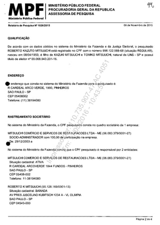 MPFMinisterio P"bllco Federal
MINISTERIO PUBLICO FEDERAL
PROCURADORIA GERAL DA REPUBLICA
ASSESSORIA DE PESQUISA
Relal6rio de Pesquisa N" 10261201 5 09 de Novembro de 2015
QUALIFICACĂO
De acordo com os dados obtidos no sistema do Ministerio da Fazenda e da Justio;a Eleitoral, o pesquisado
ROBERTO KAZUTO MITSUUCHI esta registrado no CPF com o numero 998.122.588-68 (situao;ao REGULAR),
nasceu em 08/04/1950, e filho de KAZUKI MITSUUCHI e TOMIKO MITSUUCHI, natural de LINS - SP e possui
tnulo de eleitor n° 00.068.943.201-16.
ENDERECO
• endereo;o que consta no sistema do Ministerio da Fazenda para o pesquisado e:
R CARDEAL ARCO VERDE, 1990, PINHEIROS
SAO PAULO - SP
CEP 05408002
Telefone: (11) 38194080
RASTREAMENTO SOCIETARIO
Ne sistema do Ministerio da Fazenda, o CPF pesquisado consta no quadro societario de 1 empresa:
MrrSUUCHI COMERCIO E SERVICOS DE RESTAURACOES LTDA - ME (06.083.379/0001-27)
SOCIO-ADMINISTRADOR com 100,00 de participao;ao na empresa.
fie: 29/12/2003 a
Ne sistema do Ministerio da Fazenda consta que o CPF pesquisado e responsavel por 2 entidades:
MrrSUUCHI COMERCIO E SERVICOS DE RESTAURACOES LTDA - ME (06.083.379/0001-27)
Situao;ao cadastral: ATIVA
R CARDEAL ARCOVERDE 1844 FUNDOS - PINHEIROS
SAO PAULO - SP
CEP 05408-002
Telefone: 11-38194080
ROBERTO K MrrSUUCHI (55.128.169/0001-13.)
Situao;ao cadastral: BAIXADA
AV PRES JUSCELINO KUBITSCH 1234 A - VL OLIMPIA
SAO PAULO - SP
CEP 04543-000
Pa~ina 2 de 4
Impressopor:110.735.907-47AC4051
Em:11/05/2016-10:43:55
 