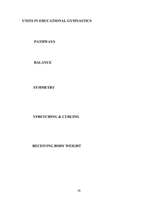 28
UNITS IN EDUCATIONAL GYMNASTICS
PATHWAYS
BALANCE
SYMMETRY
STRETCHING & CURLING
RECEIVING BODY WEIGHT
 