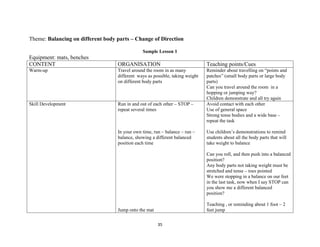 35
Theme: Balancing on different body parts – Change of Direction
Sample Lesson 1
Equipment: mats, benches
CONTENT ORGANISATION Teaching points/Cues
Warm-up Travel around the room in as many
different ways as possible, taking weight
on different body parts
Reminder about travelling on “points and
patches” (small body parts or large body
parts)
Can you travel around the room in a
hopping or jumping way?
Children demonstrate and all try again
Skill Development Run in and out of each other – STOP –
repeat several times
In your own time, run – balance – run –
balance, showing a different balanced
position each time
Jump onto the mat
Avoid contact with each other
Use of general space
Strong tense bodies and a wide base –
repeat the task
Use children’s demonstrations to remind
students about all the body parts that will
take weight to balance
Can you roll, and then push into a balanced
position?
Any body parts not taking weight must be
stretched and tense – toes pointed
We were stopping in a balance on our feet
in the last task, now when I say STOP can
you show me a different balanced
position?
Teaching , or reminding about 1 foot – 2
feet jump
 