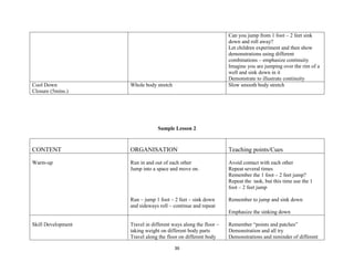 36
Can you jump from 1 foot – 2 feet sink
down and roll away?
Let children experiment and then show
demonstrations using different
combinations – emphasize continuity
Imagine you are jumping over the rim of a
well and sink down in it
Demonstrate to illustrate continuity
Cool Down
Closure (5mins.)
Whole body stretch Slow smooth body stretch
Sample Lesson 2
CONTENT ORGANISATION Teaching points/Cues
Warm-up Run in and out of each other
Jump into a space and move on.
Run – jump 1 foot – 2 feet – sink down
and sideways roll – continue and repeat
Avoid contact with each other
Repeat several times
Remember the 1 foot – 2 feet jump?
Repeat the task, but this time use the 1
foot – 2 feet jump
Remember to jump and sink down
Emphasize the sinking down
Skill Development Travel in different ways along the floor –
taking weight on different body parts
Travel along the floor on different body
Remember “points and patches”
Demonstration and all try
Demonstrations and reminder of different
 