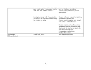 37
parts – push up into a balance and hold for
“100, 200, 300” and then continue
Join together jump – roll – balance where
you travel in the same direction but change
the way you are facing
parts on which you can balance
Tension in body in balanced position
Body tension
Can you roll in any way and move slowly
into a balance? Repeat task
Can you now join together run – jump 1
foot – 2 feet – roll and balance?
Students experiment then demonstrate
Show where one can travel in the same
direction all the time but not face in the
same direction all the time
Circulate and give feed back
Children demonstrate
Cool Down
Closure (5mins.)
Whole body stretch Slow smooth body stretch
 