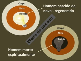 C
Corpo
Alma
Espírito
ES
C
Corpo
Alma
ES
Espírito
Homem nascido de
novo - regenerado
Homem morto
espiritualmente
 