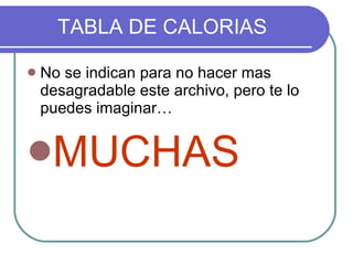 TABLA DE CALORIAS No se indican para no hacer mas desagradable este archivo, pero te lo puedes imaginar… MUCHAS 