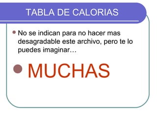 TABLA DE CALORIAS

 Nose indican para no hacer mas
 desagradable este archivo, pero te lo
 puedes imaginar…


MUCHAS
 
