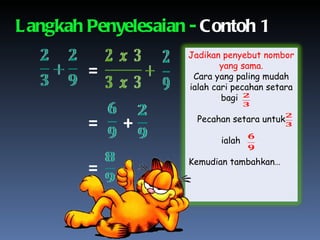 Langkah Penyelesaian -  Contoh 1 = = + = Jadikan penyebut nombor yang sama. Cara yang paling mudah ialah cari pecahan setara bagi  . Pecahan setara untuk ialah  .  Kemudian tambahkan…  