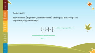 Contoh Soal 3
Satya memiliki
3
4
bagian kue, dia memberikan
1
4
kuenya pada Ilyas. Berapa sisa
bagian kue yang dimiliki Satya?
3
4
−
1
4
=
Karena penyebutnya berangka sama maka
Nilai b = 4
a adalah pengurangan dari 3 - 1𝑎
𝑏
2
4
=
1
2
L
A
T
I
H
A
N
M
E
N
U
KI
KD
Indi
kator
Mem
ban
ding
kan
Ope
rasi
Hitu
ng
 