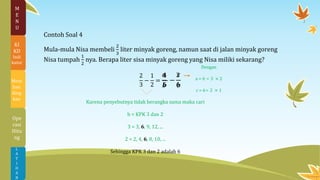 Contoh Soal 4
Mula-mula Nisa membeli
2
3
liter minyak goreng, namun saat di jalan minyak goreng
Nisa tumpah
1
2
nya. Berapa liter sisa minyak goreng yang Nisa miliki sekarang?
2
3
−
1
2
=
Karena penyebutnya tidak berangka sama maka cari
b = KPK 3 dan 2
3 = 3, 6, 9, 12, ...
2 = 2, 4, 6, 8, 10, ...
Sehingga KPK 3 dan 2 adalah 6
𝑎
𝑏
−
𝑐
𝑏
Dengan
a = 6 ÷ 3 × 2
c = 6÷ 2 × 1
4
6
−
3
6
1
6
L
A
T
I
H
A
N
M
E
N
U
KI
KD
Indi
kator
Mem
ban
ding
kan
Ope
rasi
Hitu
ng
 