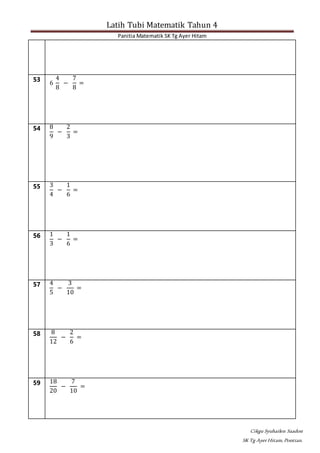 Latih Tubi Matematik Tahun 4
Panitia Matematik SK Tg Ayer Hitam
Cikgu Syuhailen Saadon
SK Tg AyerHitam,Pontian.
53
6
4
8
−
7
8
=
54 8
9
−
2
3
=
55 3
4
−
1
6
=
56 1
3
−
1
6
=
57 4
5
−
3
10
=
58 8
12
−
2
6
=
59 18
20
−
7
10
=
 