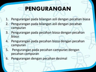 PENGURANGAN 
1. Pengurangan pada bilangan asli dengan pecahan biasa 
2. Pengurangan pada bilangan asli dengan pecahan 
campuran 
3. Pengurangan pada pecahan biasa dengan pecahan 
biasa 
4. Pengurangan pada pecahan biasa dengan pecahan 
campuran 
5. Pengurangan pada pecahan campuran dengan 
pecahan campuran 
6. Pengurangan dengan pecahan desimal 
 