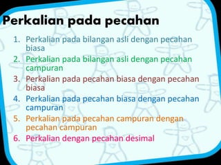 Perkalian pada pecahan 
1. Perkalian pada bilangan asli dengan pecahan 
biasa 
2. Perkalian pada bilangan asli dengan pecahan 
campuran 
3. Perkalian pada pecahan biasa dengan pecahan 
biasa 
4. Perkalian pada pecahan biasa dengan pecahan 
campuran 
5. Perkalian pada pecahan campuran dengan 
pecahan campuran 
6. Perkalian dengan pecahan desimal 
 