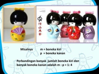 Misalnya m = boneka kiri 
p = boneka kanan 
Perbandingan banyak jumlah boneka kiri dan 
banyak boneka kanan adalah m : p = 1: 4 
 