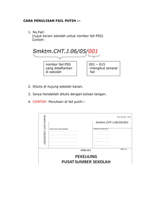 CARA PENULISAN FAIL PUTIH :–
1. No.Fail:
(rujuk kerani sekolah untuk nombor fail PSS)
Contoh:
Smktm.CHT.J.06/05/001
2. Ditulis di hujung sebelah kanan.
3. Ianya hendaklah ditulis dengan tulisan tangan.
4. CONTOH Penulisan di fail putih:-
nombor fail PSS
yang didaftarkan
di sekolah
001 – 015
-mengikut senarai
fail
Smktm.CHT.J.06/05/001
Smktm.CHT.J.06/05/001
 