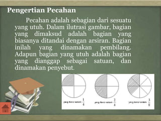 Pengertian Pecahan
Pecahan adalah sebagian dari sesuatu
yang utuh. Dalam ilutrasi gambar, bagian
yang dimaksud adalah bagian yang
biasanya ditandai dengan arsiran. Bagian
inilah yang dinamakan pembilang.
Adapun bagian yang utuh adalah bagian
yang dianggap sebagai satuan, dan
dinamakan penyebut.
 