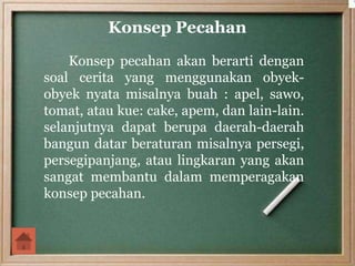 Konsep Pecahan
Konsep pecahan akan berarti dengan
soal cerita yang menggunakan obyek-
obyek nyata misalnya buah : apel, sawo,
tomat, atau kue: cake, apem, dan lain-lain.
selanjutnya dapat berupa daerah-daerah
bangun datar beraturan misalnya persegi,
persegipanjang, atau lingkaran yang akan
sangat membantu dalam memperagakan
konsep pecahan.
 