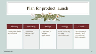Plan for product launch
Presentation title 10
Planning
Synergize scalable
e-commerce
Marketing
Disseminate
standardized
metrics
Design
Coordinate e-
business
applications
Strategy
Foster holistically
superior
methodologies
Launch
Deploy strategic
networks with
compelling e-
business needs
 