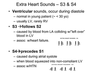 Extra Heart Sounds – S3 & S4
• Ventricular sounds, occur during diastole
– normal in young patient (~ < 30 yo)
– usually LV, rarely RV
• S3 follows S2
– caused by blood from LA colliding w/”left over”
blood in LV
– assoc w/heart failure.
• S4precedes S1
– caused during atrial systole
– when blood squeezed into non-compliant LV
– assoc w/HTN
 