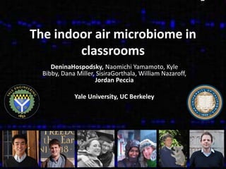 The indoor air microbiome in
        classrooms
     DeninaHospodsky, Naomichi Yamamoto, Kyle
  Bibby, Dana Miller, SisiraGorthala, William Nazaroff,
                     Jordan Peccia

             Yale University, UC Berkeley
 
