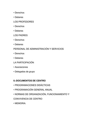 • Derechos

• Deberes

LOS PROFESORES

• Derechos

• Deberes

LOS PADRES

• Derechos

• Deberes

PERSONAL DE ADMINISTRACIÓN Y SERVICIOS

• Derechos

• Deberes

LA PARTICIPACIÓN

• Asociaciones

• Delegados de grupo



8.-DOCUMENTOS DE CENTRO

• PROGRAMACIONES DIDÁCTICAS

• PROGRAMACIÓN GENERAL ANUAL

• NORMAS DE ORGANIZACIÓN, FUNCIONAMIENTO Y

CONVIVENCIA DE CENTRO

• MEMORIA.
 