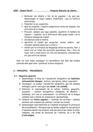 CEIP “Consol Ferré” Projecte Educatiu de Centre.
12
• Estimular als infants a fer ús de joguines i de jocs per
desenvolupar el major nombre d’habilitats i que no reforcin
estereotips.
• Fomentar el joc cooperatiu.
• Que les xiquetes i xiquets comparteixin totes les tasques i les
activitats de la classe.
• Procurar, sempre que sigui possible, equilibrar el nombre de
xiquets i xiquetes en la distribució dels grups-classe i en la
formació d’equips de treball.
• Col.laboració amb la família.
• Aprofitar el treball per projectes, racons, tallers, per
introduir aquests objectius o criteris.
• Vetllar per la utilització de llenguatge verbal no sexista, tant a
nivell oral en totes les activitats quotidianes dins i fora de
l’aula, com a nivell escrit en tots els documents, informacions,
etc que surtin de l’escola.
Amb tot això volem aconseguir la coexistència real dels dos models
culturals amb igual valor i potenciar la seva integració.
3.- PRINCIPIS PEDAGÒGICS
3.1 Objectius generals
1. Desenvolupar al llarg de l'escolaritat obligatòria les habilitats
instrumentals bàsiques : lectura i escriptura, càlcul i expressió.
2. Aconseguir, en acabar l'escolaritat obligatòria, que els alumnes
entenguin, parlin i escriguin, en català i en castellà.
3. Potenciar el coneixement de la cultura, història, geografia,
economia i realitat sociopolítica d’Amposta, El Montsià i
Catalunya, així com el coneixement i la utilització de la llengua
catalana com a vehicle de comunicació i aprenentatge.
4. Celebrar les festes populars i realitzar les sortides i colònies
escolars com a manera de conèixer i arrelar-se al medi.
5. Desenvolupar unes habilitats en l'alumnat mitjançant la utilització
de procediments i tècniques que no només comportin una aplicació
d'aquestes davant una situació, sinó una elecció per donar la millor
resposta, una presa de decisions de l'individu, és a dir l'ús
d'estratègies.
 