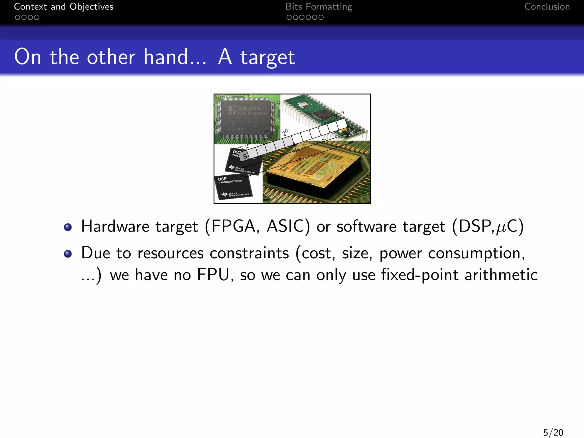 Context and Objectives

Bits Formatting

Conclusion

On the other hand... A target
...
↵

±2

s

2

...

2

0

2

↵

Hardware target (FPGA, ASIC) or software target (DSP,µC)
Due to resources constraints (cost, size, power consumption,
...) we have no FPU, so we can only use ﬁxed-point arithmetic

5/20

 