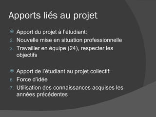 Apports liés au projet Apport du projet à l’étudiant: Nouvelle mise en situation professionnelle Travailler en équipe (24), respecter les objectifs Apport de l’étudiant au projet collectif: Force d’idée Utilisation des connaissances acquises les années précédentes 