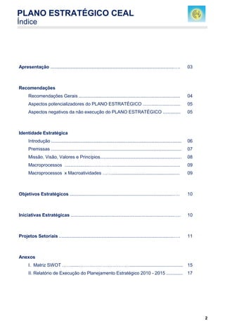 2
Apresentação ...................................................................................................…. 03
Recomendações
Recomendações Gerais ................................................................................. 04
Aspectos potencializadores do PLANO ESTRATÉGICO .............................. 05
Aspectos negativos da não execução do PLANO ESTRATÉGICO .............. 05
Identidade Estratégica
Introdução ........................................................................................................ 06
Premissas ........................................................................................................ 07
Missão, Visão, Valores e Princípios................................................................. 08
Macroprocessos ....................……………...................................................... 09
Macroprocessos x Macroatividades ……...................................................... 09
Objetivos Estratégicos ...................................................................................…. 10
Iniciativas Estratégicas ...................................................................................…. 10
Projetos Setoriais ............................................................................................…. 11
Anexos
I. Matriz SWOT ……......……………………………........................................... 15
II. Relatório de Execução do Planejamento Estratégico 2010 - 2015 ............. 17
PLANO ESTRATÉGICO CEAL
Índice
 