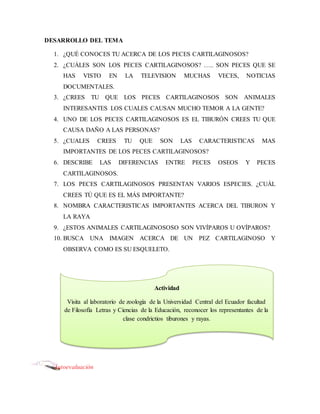 DESARROLLO DEL TEMA
1. ¿QUÉ CONOCES TU ACERCA DE LOS PECES CARTILAGINOSOS?
2. ¿CUÁLES SON LOS PECES CARTILAGINOSOS? ….. SON PECES QUE SE
HAS VISTO EN LA TELEVISION MUCHAS VECES, NOTICIAS
DOCUMENTALES.
3. ¿CREES TU QUE LOS PECES CARTILAGINOSOS SON ANIMALES
INTERESANTES LOS CUALES CAUSAN MUCHO TEMOR A LA GENTE?
4. UNO DE LOS PECES CARTILAGINOSOS ES EL TIBURÓN CREES TU QUE
CAUSA DAÑO A LAS PERSONAS?
5. ¿CUALES CREES TU QUE SON LAS CARACTERISTICAS MAS
IMPORTANTES DE LOS PECES CARTILAGINOSOS?
6. DESCRIBE LAS DIFERENCIAS ENTRE PECES OSEOS Y PECES
CARTILAGINOSOS.
7. LOS PECES CARTILAGINOSOS PRESENTAN VARIOS ESPECIES. ¿CUÁL
CREES TÚ QUE ES EL MÁS IMPORTANTE?
8. NOMBRA CARACTERISTICAS IMPORTANTES ACERCA DEL TIBURON Y
LA RAYA
9. ¿ESTOS ANIMALES CARTILAGINOSOSO SON VIVÍPAROS U OVÍPAROS?
10. BUSCA UNA IMAGEN ACERCA DE UN PEZ CARTILAGINOSO Y
OBSERVA COMO ES SU ESQUELETO.
Autoevaluación
Actividad
Visita al laboratorio de zoología de la Universidad Central del Ecuador facultad
de Filosofía Letras y Ciencias de la Educación, reconocer los representantes de la
clase condrictios tiburones y rayas.
 