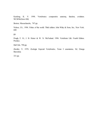 Kardong, K. V. 1998. Vertebrates: comparative anatomy, function, evolution.
WCB/McGraw-Hill,
Boston, Massachusetts, 747 pp.
Nelson, J.S., 1994. Fishes of the world. Third edition. John Wiley & Sons, Inc., New York.
600
pp.
Pough, F. H.; J. B. Heiser & W. N. McFarland. 1996. Vertebrate Life. Fourth Edition.
Prentice.
Hall Eds. 798 pp.
Ziswiler, V. 1978. Zoología Especial Vertebrados. Tomo I anamniotas. Ed. Omega
Barcelona
321 pp.
 