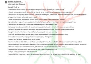 Generalitat de Catalunya
Departament d’Ensenyament
Escola Les Arrels - Mollerussa
Educació literària
- Comprensió de textos literaris aplicant estratègies específiques per aprofundir en el sentit del text.
- Audició, lectura, memorització i recitació de tot tipus de textos literaris (narracions, poemes, cançons,llegendes...).
- Interpretació del llenguatge literari: derivació, composició, sentit figurat, comparacions, metàfores, interpretació de locucions, frases fetes o
refranys; ritme i rima, si es tracta de poesia o cançó.
- Anàlisi i reconeixement dels elements clau dels textos literaris: tema, trama, protagonistes, narrador...
- Estratègies lectores per a la comprensió del text. Contextualització de l’autor, identificació del propòsit, lectura crítica...
- Interpretació del sentit de les il·lustracions i elements tipogràfics en referència al text.
- Lectura expressiva (pronunciació, to de veu, entonació, pauses...) i entenedora de textos literaris en lectures públiques.
- Escriptura de poemes per comunicar sentiments, emocions, estats d’ànim o records, utilitzant alguns recursos retòrics.
- Escriptura de contes i textos narratius amb l’estructura adequada: inici, nus i desenllaç.
- Creació de jocs lingüístics amb paraules, sons o rimes, embarbussaments, cal·ligrames, rodolins, entre altres.
- Producció de textos creatius mitjançant associacions d’imatges, i d’imatges i sons.
- Dramatització de contes, poemes i altres textos literaris.
- Reconeixement de les dades bàsiques d’un llibre: autor, adaptador, traductor, il·lustrador, editorial, col·lecció, localitat i any d’edició.
- Reconeixement dels principals agents de producció d’un text teatral o audiovisual: director, guionista, actors, músics, productor, escenògraf....
- Utilització dels recursos de la biblioteca d’aula, del centre o de la localitat. Consulta del catàleg digital.
- Expressió d’impressions personals després de les lectures i adopció d’una posició crítica.
- Gust per la lectura i l’escriptura de textos literaris.
- Valoració del text literari com a vehicle de comunicació i d’interacció, com a fet cultural i com a possibilitat de gaudiment personal.
 
