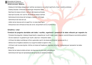 Generalitat de Catalunya
Departament d’Ensenyament
Escola Les Arrels - Mollerussa
- Disseny de l’estratègia adequada per realitzar una mesura en un context significatiu. Crear i resoldre problemes.
- Disseny d’escales i d’intervals de mesura per interpretar dades.
- Realització de mesura directa i contrast amb mesures estimades.
- Descripció acurada, oral i escrita, del procés de mesura realitzat.
- Determinació de les àrees del rectangle, el quadrat i el triangle.
- Determinació del volum del cub.
- Anàlisi de les relacions entre la superfície i el volum d’una figura.
- Interpretació de la fórmula de l’àrea del cercle i del perímetre de la circumferència.
Estadística i atzar
Formulació de preguntes abordables amb dades i recollida, organització i presentació de dades rellevants per respondre-les
- Formulació de preguntes i dissenys d’experiments o enquestes per recollir dades i poder comparar característiques en una mateixa població.
- Ús de la numeració i la geometria per recollir, descriure i interpretar dades.
- Utilització de dades recollides per altres o generades a partir de simulacions (Internet, premsa escrita...).
- Obtenció de la freqüència absoluta en un conjunt de dades no superior a 50.
- Utilització, amb recursos digitals i d’altres, de taules de freqüències, diagrames de barres i histogrames per representar les dades
obtingudes.
- Relació de les taules de doble entrada i els diagrames en arbre amb la multiplicació.
- Determinació del tipus de representació més apropiada en resoldre problemes.
 