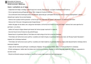 Generalitat de Catalunya
Departament d’Ensenyament
Escola Les Arrels - Mollerussa
Canvis i continuïtats en el temps
- Comprensió del temps cronològic: identificació de la durada, simultaneïtat i successió d’esdeveniments històrics.
- Ús de representacions gràfiques per situar fets i etapes de l’evolució històrica.
- Ús de diferents fonts històriques (orals, documentals, materials) per contrastar informacions sobre un mateix esdeveniment i obtenir
elements per explicar les accions humanes.
- Valoració de la pròpia història personal i col·lectiva per a la comprensió del passat i del present i la construcció del futur.
- Valoració de l’intercanvi intergeneracional d’experiències.
- Anàlisi del paper de les dones com a subjectes individuals o col·lectius de la història al llarg del temps i valoració de la seva aportació al
patrimoni i a la cultura.
- Anàlisi de l’evolució d’algun element patrimonial de l’entorn proper mostrant-hi respecte.
- Caracterització de les formes de vida prehistòriques.
- Romanització a la península Ibèrica. Fets bàsics de l’edat antiga al territori actual de Catalunya.
- Trets bàsics de l’estructura social, política i econòmica de l’edat mitjana a la península Ibèrica en el marc de l’Europa feudal. Naixement i
expansió de la Catalunya medieval.
- Trets bàsics de l’estructura social, política i econòmica de l’edat moderna a la península Ibèrica. L’època dels descobriments. Catalunya dins la
monarquia hispànica.
- L’època de les revolucions polítiques i econòmiques a Espanya i Europa (segles XVIII i XIX). La revolució industrial a Catalunya.
- El món contemporani. Anàlisi dels fets bàsics de la història de Catalunya, Espanya i el món al llarg dels segles XX i XXI per comprendre la
societat actual.
- Estudi de diferents avenços tecnològics i científics. La seva repercussió en el món contemporani.
 