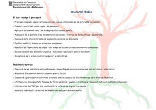 Generalitat de Catalunya
Departament d’Ensenyament
Escola Les Arrels - Mollerussa
EDUCACIÓ FÍSICA
El cos: imatge i percepció
- Principals músculs, ossos i articulacions del cos que intervenen en els diferents moviments.
- Domini i control del cos en repòs i en moviment.
- Aplicació del control tònic i de la respiració al control motriu.
- Adequació de la postura a les necessitats expressives i motrius de forma eficaç i equilibrada.
- Execució de la lateralitat amb els segments corporals no dominants.
- Equilibri estàtic i dinàmic en situacions complexes.
- Resolució de l’estructura de l’espai i del temps en accions i situacions motrius complexes.
- Reconeixement dels elements orgànics i funcionals relacionats amb el moviment.
- Acceptació de la pròpia realitat corporal i la dels altres.
Habilitats motrius
- Execució de les habilitats motrius bàsiques i específiques en entorns diversos amb eficiència i creativitat.
- Adquisició d’un control motriu i corporal previ a l’acció.
- Disposició a participar en activitats diverses, amb acceptació de les diferències en el nivell de l’habilitat.
- Utilització de les capacitats físiques de forma genèrica i jugada, i orientada a l’execució motriu en múltiples situacions.
- Utilització de les TAC per a la realització i la reflexió de la pràctica motriu.
- Valoració individual i col·lectiva del treball des del punt de vista motriu.
 