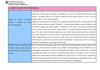 Generalitat de Catalunya
Departament d’Ensenyament
Escola Les Arrels - Mollerussa
c) ÀMBIT DE GESTIÓ DE RECURSOS
Espais del centre. Utilització
interna i externa, per altres
entitats del municipi
L’escola està situada en un edifici d’una sola planta. Construïda mitjançant mòduls preindustrialitzats. La seva
construcció fou amb 2 fases. Una primera es va adequar per anar-hi el curs 2013-2014 amb els alumnes de
primària, i una segona fase que es va acabar de completar amb els espais necessaris per anar-hi amb els
alumnes d’infantil, a més a més del menjador.
Disposa de 9 aules ordinàries, de les quals 6 estan equipades amb pissarres digitals; 1 aula polivalent a l’etapa
d’infantil equipada amb pissarra digital, 1 laboratori, 2 aules de plàstica/English, una sala de mestres, l’aula
d’informàtica equipada amb pissarra digital i la biblioteca. A més a més, hi ha espais que s’utilitzen pel
material escolar i d’altres com a tutories i educació especial. Les aules d’EI disposen de lavabo dins de cada
espai. A EP, cada 4 aules hi ha lavabos, separats per nens i nenes. Existeix un lavabo adaptat que actualment
és el lavabo dels mestres. En horari no lectiu s’hi desenvolupen les activitats extraescolars gestionades per
l’AMPA i supervisades per la direcció del centre. També, a partir del curs 2014-2015 s’hi imparteix romanès i
àrab mitjançant un conveni entre els Governs respectius. Puntualment, i coincidint amb la Fira de Sant Josep,
l’Ajuntament de Mollerussa utilitza alguna aula de l’escola.
Plantilla: Equip de persones que
formen el centre educatiu. Docents,
personal de suport, d’administració i
serveis, ...
El centre compta amb un docent per cada tutoria a més dels diferents especialistes. Disposem del mestre de
religió en un 0’75 de jornada. Es compta amb la presència d’una psicopedagoga, d’una treballadora social i
d’una logopeda a temps parcial. Pel que fa al PAS disposem del conserge, l’auxiliar administrativa i la persona
encarregada de la neteja que forma part d’una empresa contractada per l’Ajuntament. Des del curs 2015-
2016 tots els centres públics del municipi disposem de la figura del TIS: la nostra escola 1 dia/setmana.
També el personal de menjador està format per 4/5 persones contractades per una empresa externa, on un
dels monitors desenvolupa moltes activitats atractives, motivadores i cohesionadores.
 