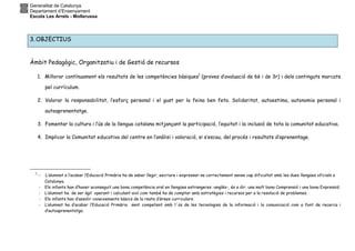 Generalitat de Catalunya
Departament d’Ensenyament
Escola Les Arrels - Mollerussa
3. OBJECTIUS
Àmbit Pedagògic, Organitzatiu i de Gestió de recursos
1. Millorar contínuament els resultats de les competències bàsiques1
(proves d’avaluació de 6è i de 3r) i dels continguts marcats
pel currículum.
2. Valorar la responsabilitat, l’esforç personal i el gust per la feina ben feta. Solidaritat, autoestima, autonomia personal i
autoaprenentatge.
3. Fomentar la cultura i l’ús de la llengua catalana mitjançant la participació, l’equitat i la inclusió de tota la comunitat educativa.
4. Implicar la Comunitat educativa del centre en l’anàlisi i valoració, si s’escau, del procés i resultats d’aprenentage.
1
- L’alumnat a l’acabar l’Educació Primària ha de saber llegir, escriure i expressar-se correctament sense cap dificultat amb les dues llengües oficials a
Catalunya.
- Els infants han d’haver aconseguit una bona competència oral en llengües estrangeres -anglès-, és a dir, una molt bona Comprensió i una bona Expressió.
- L’alumnat ha de ser àgil operant i calculant així com també ha de comptar amb estratègies i recursos per a la resolució de problemes.
- Els infants han d’assolir coneixements bàsics de la resta d’àrees curriculars.
- L’alumnat ha d’acabar l’Educació Primària sent competent amb l´ús de les tecnologies de la informació i la comunicació com a font de recerca i
d’autoaprenentatge.
 