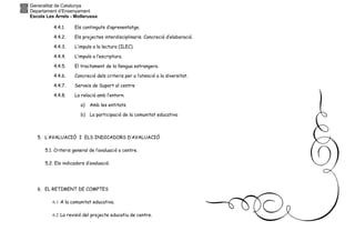 Generalitat de Catalunya
Departament d’Ensenyament
Escola Les Arrels - Mollerussa
4.4.1. Els continguts d’aprenentatge.
4.4.2. Els projectes interdisciplinaris. Concreció d’elaboració.
4.4.3. L’impuls a la lectura (ILEC).
4.4.4. L’impuls a l’escriptura.
4.4.5. El tractament de la llengua estrangera.
4.4.6. Concreció dels criteris per a l’atenció a la diversitat.
4.4.7. Serveis de Suport al centre
4.4.8. La relació amb l’entorn.
a) Amb les entitats.
b) La participació de la comunitat educativa
5. L’AVALUACIÓ I ELS INDICADORS D’AVALUACIÓ
5.1. Criteris general de l’avaluació a centre.
5.2. Els indicadors d’avaluació.
6. EL RETIMENT DE COMPTES
6.1 A la comunitat educativa.
6.2 La revisió del projecte educatiu de centre.
 