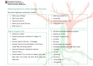 Generalitat de Catalunya
Departament d’Ensenyament
Escola Les Arrels - Mollerussa
Dimensió expressió escrita, literària, plurilingüe i intercultural.
Estructures lingüístiques i gramaticals a treballar
Fonètica, ortografia i lèxic
• When's your birthday?
• What's your name?
• How old are you? I’m ...
• Where are you from? I’m from...
• What colour is...?
• What’s your favourite...?
• Do you like?
• Is it a ...? Yes, it is/ No, it isn’t
• I like/I don't like...
• Salutacions i comiats
• Comunicar sensacions i sentiments: I'm happy, I'm
hungry...
Aficions i gustos: I don’t like ... I like apples...
Permisos: Can I go to the toilet,please...? Can I have a
crayon? May I borrow your pencil?
• Descripció d’objectes i fotografies o dibuixos:
There is /This is ...
• Ordres senzilles: Tick, Sit down, Put, Repeat, Look, Listen,
Open, Close, Turn around, Tell, Draw, Write, Jump, Hop,
Dance, Run....
• Escriptura de paraules aïllades de vocabulari.
• Nombres de l’1 al 50
• Els mesos i els dies de l’any
• La família
• Els colors
• Els sentiments i les sensacions
• Vocabulari relacionat amb la casa i amb l'escola
• El menjar
• La roba
• Els animals
• Els oficis
• Les parts del cos
• Les joguines
 